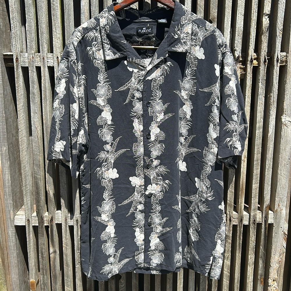 Fushionc Men's Hawaiian Button Down Shirt Black Floral Palm Tree Size XL